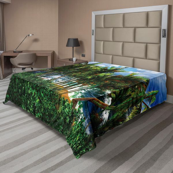 Abakuhaus Lenzuolo Hawaiano, Isola Delle Hawaii, Palme, Foresta, Verde, Cielo Estivo Nuvoloso, Luce Del Sole, Vista Sul Mare, Lenzuolo Morbido E Confortevole Per Un Letto Decorativo, 1 Pezzo, 266 Cm X 260 Cm, Marrone, Verde, Blu-image