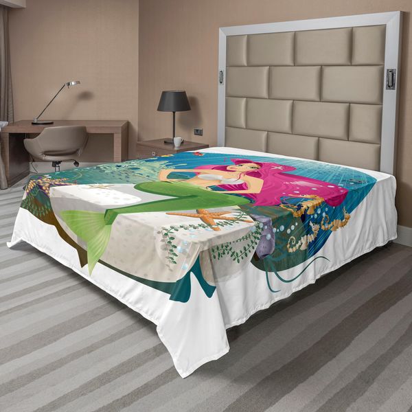 Abakuhaus Lenzuolo Subacqueo, Illustrazione Di Una Sirena Del Tuo Mondo Sottomarino, Stampa Paesaggistica Colorata, Lenzuolo Morbido E Confortevole Per Un Letto Decorativo, 1 Pezzo, 266 Cm X 260 Cm, Multicolore-image