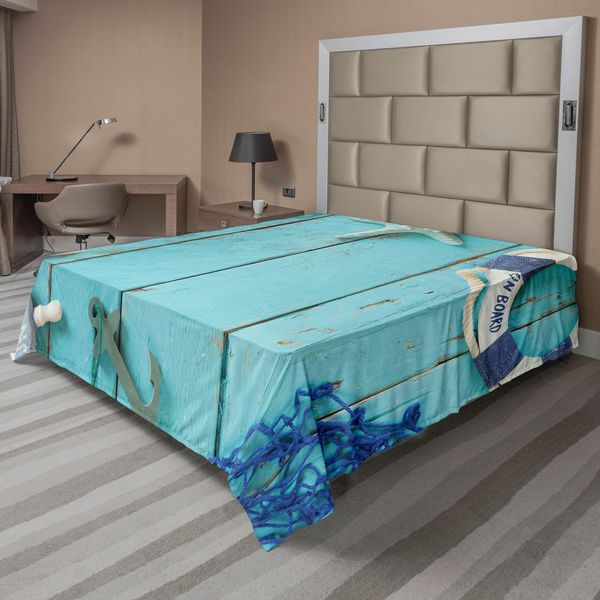 Abakuhaus Lenzuolo Nautico, Tema Marittimo Libertà Mare Stella Marina Ancora Corda Sfondo In Legno Motivo Fotografico, Lenzuolo Morbido E Confortevole Per Un Letto Decorativo 1 Pezzo 266 Cm X 260 Cm, Turchese Blu Navy-image