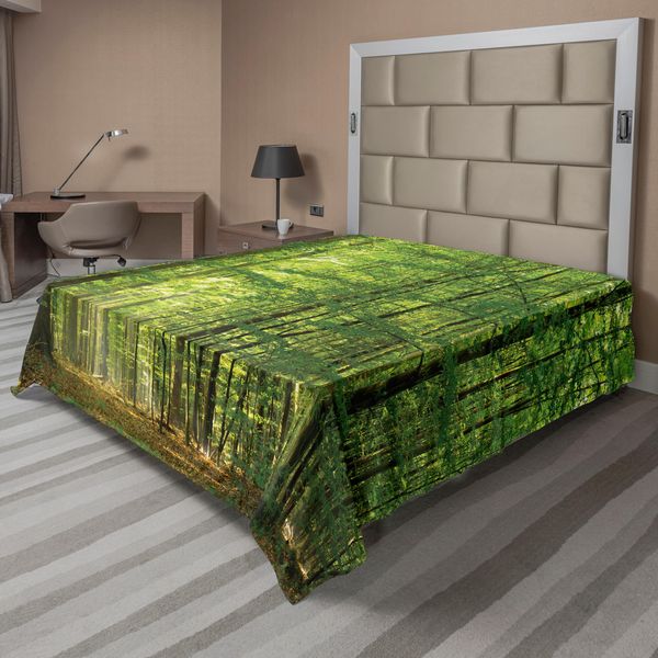 Abakuhaus Lenzuolo Da Letto Bosco, Alberi Di Latifoglie In Estate, Raggi Di Sole, Scena Romantica Di Vacanza, Lenzuolo Morbido E Confortevole Per Un Letto Decorativo, 1 Pezzo, 244 Cm X 205 Cm, Verde-image