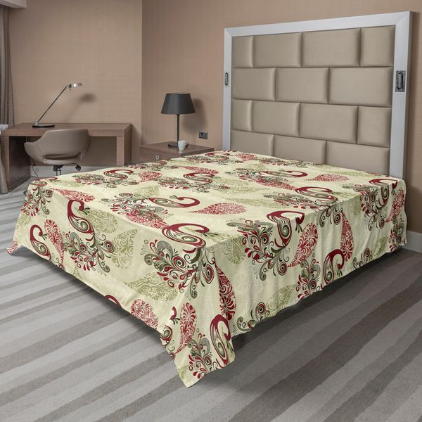 Abakuhaus Lenzuolo Peacock, Motivo Invernale Con Pavoni Stilizzati, Fiocchi Di Neve, Motivi Floreali E Paisley Ornati, Lenzuolo Morbido E Confortevole Per Un Letto Decorativo, 1 Pezzo, 266 Cm X 260 Cm, Verde Oliva, Crema, Rubino-image