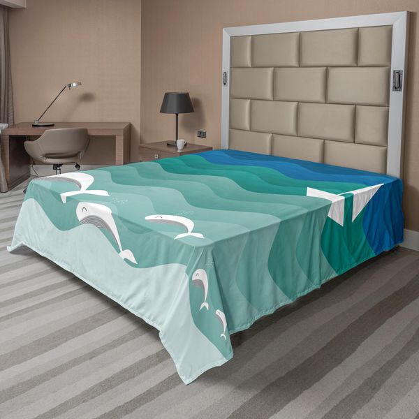 Abakuhaus Lenzuolo Nautico, Tema Marino Barca Di Carta Mare Delfini Felici Animali Marini Sottomarini, Lenzuolo Morbido E Confortevole Per Un Letto Decorativo 1 Pezzo 260 Cm X 228 Cm, Verde Mare Bianco Blu-image