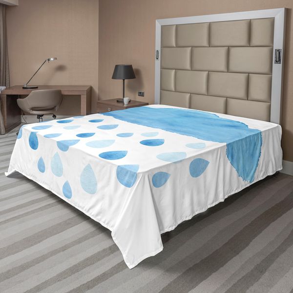 Abakuhaus Lenzuolo Naturale, Effetto Acquerello Con Gocce Di Pioggia E Nuvole, Simpatica Illustrazione Artistica, Lenzuolo Morbido E Confortevole Per Un Letto Decorativo, 1 Pezzo 260 Cm X 228 Cm, Blu E Bianco-image