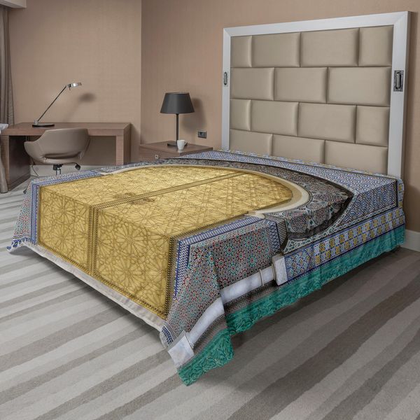 Abakuhaus Lenzuolo Marocchino, Porta Antica Del Marocco Pomello Dorato Ornamento Artistico Stampa Artistica, Lenzuolo Morbido E Confortevole Per Un Letto Decorativo 1 Pezzo 244 Cm X 205 Cm, Giallo Verde Acqua Blu-image