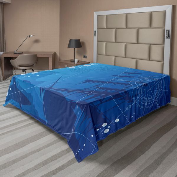 Abakuhaus Lenzuolo Nautico, Sott'acqua Con Squali, Vecchia Bussola Da Nave, Rosa Dei Venti, Illustrazione Con Bolle D'acqua Profonde, Lenzuolo Morbido E Confortevole Per Un Letto Decorativo, 1 Pezzo, 244 Cm X 205 Cm, Blu E Bianco-image