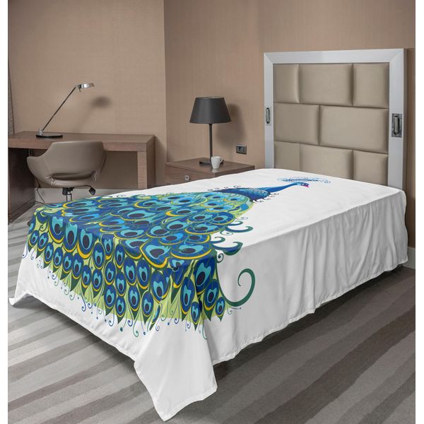 Abakuhaus Lenzuolo Peacock, Illustrazioni Di Pavoni, Design Classico Floreale Sinuoso E Artistico, Tema Animale Tropicale, Lenzuolo Morbido E Confortevole Per Un Letto Decorativo, 1 Pezzo, 260 Cm X 168 Cm, Blu E Giallo-image