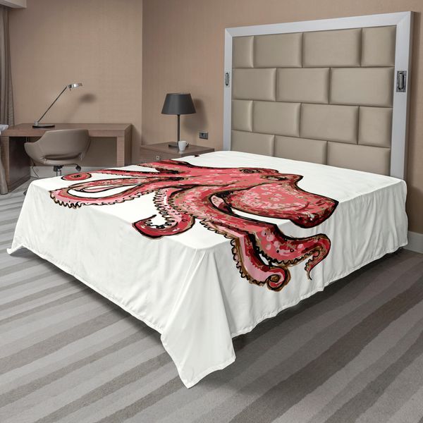 Abakuhaus Lenzuolo Con Calamaro, Immagine Stilizzata Artistica Polipo Animale Sottomarino Stampa Illustrazione, Lenzuolo Morbido E Confortevole Per Un Letto Decorativo 1 Pezzo 260 Cm X 228 Cm, Rosso Rosa-image