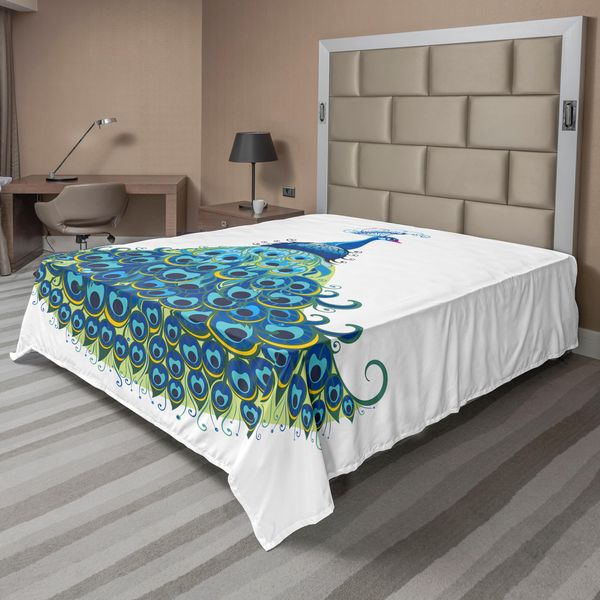 Abakuhaus Lenzuolo Peacock, Illustrazioni Di Pavoni, Design Classico Floreale Sinuoso E Artistico, Tema Animale Tropicale, Lenzuolo Morbido E Confortevole Per Un Letto Decorativo, 1 Pezzo, 275 Cm X 260 Cm, Blu E Giallo-image