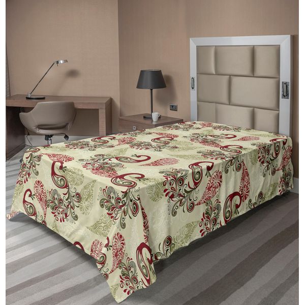 Abakuhaus Lenzuolo Peacock, Motivo Invernale Con Pavoni Stilizzati, Fiocchi Di Neve, Motivi Floreali E Paisley Ornati, Lenzuolo Morbido E Confortevole Per Un Letto Decorativo, 1 Pezzo, 190 Cm X 100 Cm, Verde Oliva, Crema, Rubino-image