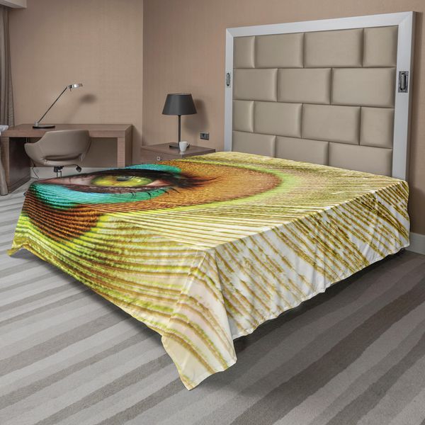 Abakuhaus Lenzuolo Peacock, Donna, L'occhio Creativo Astratto Illustrazione Guarda Attraverso La Piuma Di Pavone, Morbido E Confortevole Lenzuolo Superiore Per Un Letto Decorativo 1 Pezzo 275 Cm X 260 Cm, Verde Marrone Turchese-image
