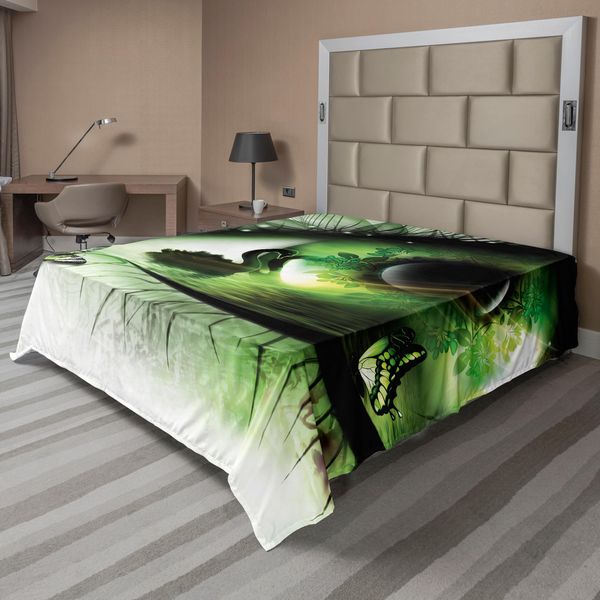 Abakuhaus Lenzuolo Astratto, Grafica Astratta Naturale Con Cigno, Occhio E Farfalla In Volo, Lenzuolo Morbido E Confortevole Per Un Letto Decorativo 1 Pezzo 275 Cm X 260 Cm, Verde Nero Bianco-image