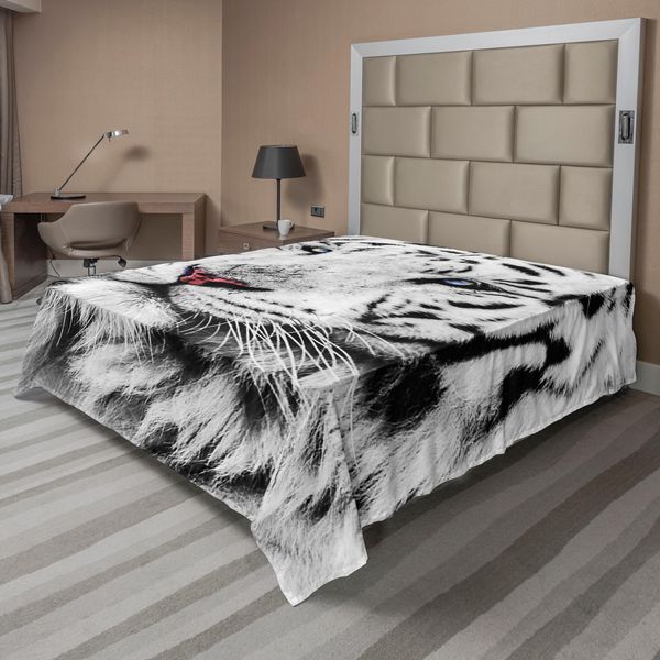 Abakuhaus Lenzuolo Safari, Tigre Bianca In Inverno Ritratto Di Animale Raro Motivo Fotografia Elegante E Tranquilla, Lenzuolo Morbido E Confortevole Per Un Letto Decorativo 1 Pezzo 260 Cm X 228 Cm, Grigio Nero Bianco-image