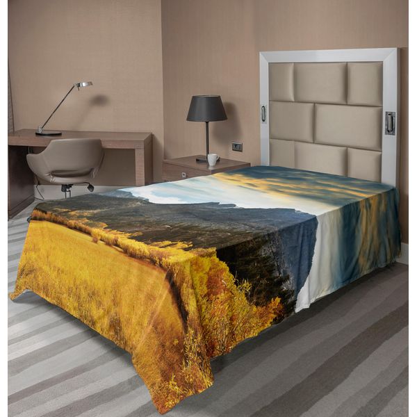 Abakuhaus Lenzuolo Da Letto Bosco, Autunno In Montagna Prati Color Oro Sole Che Splende Nuvole Paesaggio Nuvoloso, Morbido E Confortevole Lenzuolo Superiore Per Un Letto Decorativo 1 Pezzo 260 Cm X 168 Cm, Terra Giallo Blu-Grigio-image