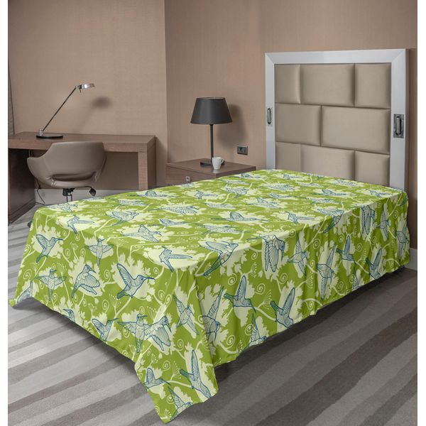 Abakuhaus Lenzuolo Colibrì, Fiori Tropicali Con Colibrì In Volo Natura Selvaggia In Fiore, Morbido E Confortevole Lenzuolo Superiore Per Un Letto Decorativo 1 Pezzo 260 Cm X 168 Cm, Verde Lime Crema Blu-image