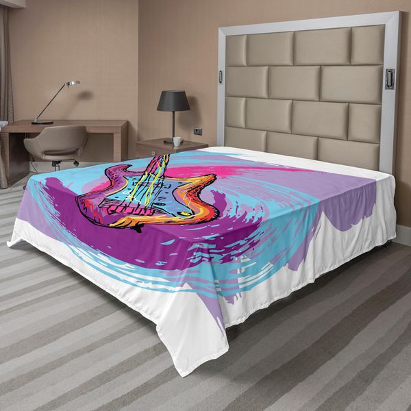 Abakuhaus Lenzuolo Musicale, Illustrazione Di Chitarra Elettrica, Stampa Moderna Musicale Festiva, Lenzuolo Morbido E Confortevole Per Un Letto Decorativo, 1 Pezzo, 244 Cm X 205 Cm, Lavanda Magenta-image
