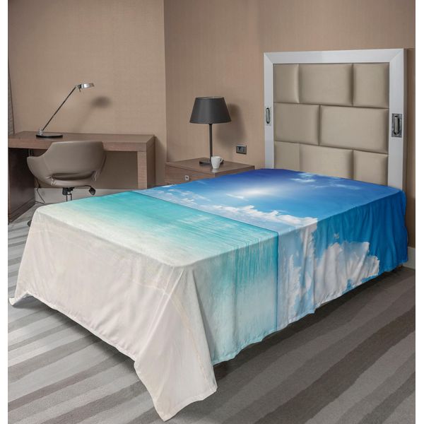 Abakuhaus Lenzuolo Oceano, Cielo E Paesaggio Marino Sabbia Dorata Spiaggia Tropicale Nuvole Cielo Soleggiato, Morbido E Confortevole Lenzuolo Superiore Per Un Letto Decorativo 1 Pezzo 190 Cm X 100 Cm, Crema Turchese Bianco-image