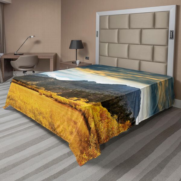 Abakuhaus Lenzuolo Da Letto Bosco, Autunno In Montagna Prati Color Oro Sole Splendente Nuvole Paesaggio Nuvoloso, Morbido E Confortevole Lenzuolo Superiore Per Un Letto Decorativo 1 Pezzo 244 Cm X 205 Cm, Terra Giallo Blu Grigio-image