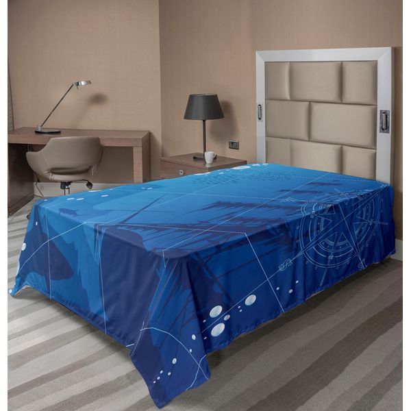 Abakuhaus Lenzuolo Nautico, Sott'acqua Con Squali, Vecchia Bussola Da Nave, Rosa Dei Venti, Illustrazione Con Bolle D'acqua Profonde, Lenzuolo Morbido E Confortevole Per Un Letto Decorativo, 1 Pezzo, 260 Cm X 168 Cm, Blu E Bianco-image