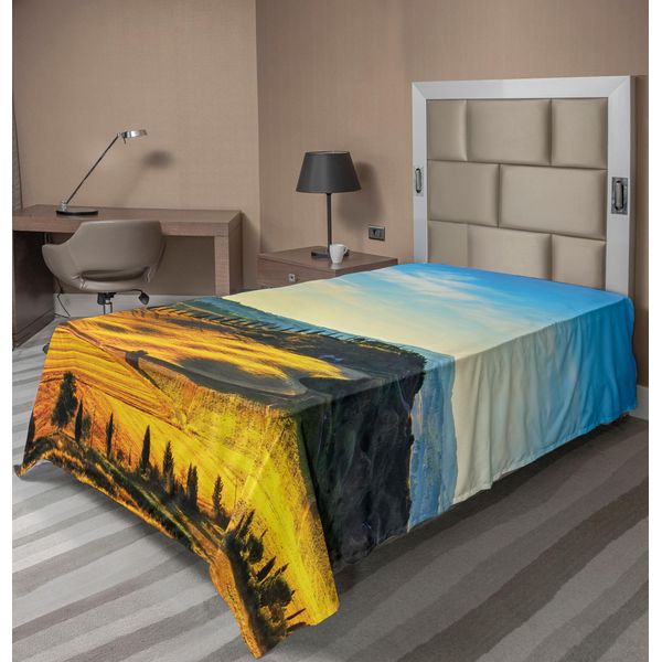 Abakuhaus Lenzuolo Italiano, Paesaggio Rurale Italiano Con Alberi, Prati E Cielo, Stampa Digitale, Lenzuolo Morbido E Confortevole Per Un Letto Decorativo, 1 Pezzo, 190 Cm X 100 Cm, Blu E Giallo-image