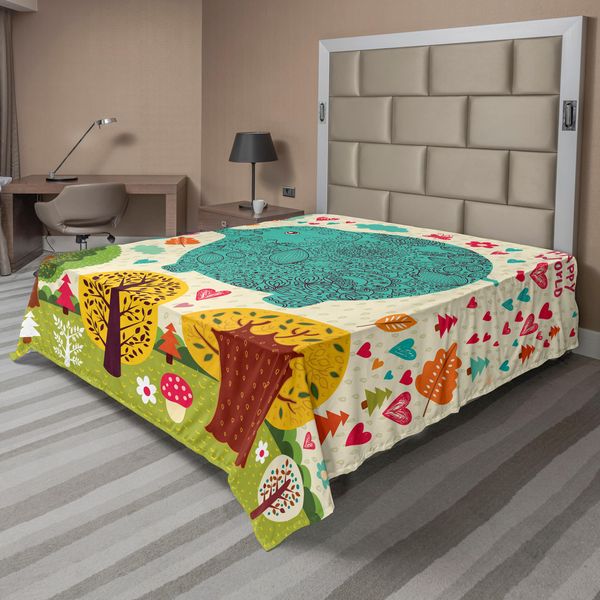 Abakuhaus Lenzuolo Con Elefante, Illustrazione Con Elefante, Foglie Felici Dell'albero Della Vita, Grafica Infantile, Lenzuolo Morbido E Confortevole Per Un Letto Decorativo, 1 Pezzo, 275 Cm X 260 Cm, Multicolore-image