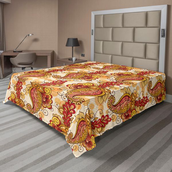 Abakuhaus Lenzuolo Asiatico, Tradizionale Motivo Paisley Asiatico Nell'arte Culturale Religiosa, Morbido E Confortevole Lenzuolo Superiore Per Un Letto Decorativo, 1 Pezzo, 260 Cm X 228 Cm, Arancione, Giallo E Rosso-image