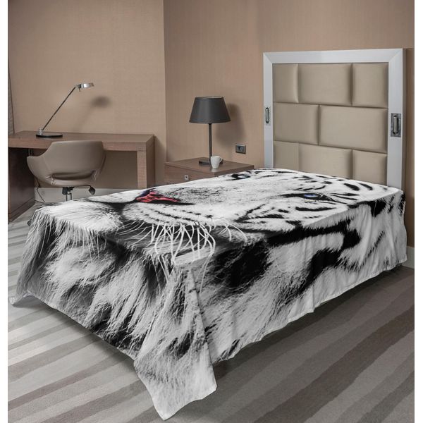 Abakuhaus Lenzuolo Safari, Tigre Bianca Inverno Ritratto Di Animale Raro Motivo Fotografia Elegante E Tranquilla, Lenzuolo Morbido E Confortevole Per Un Letto Decorativo 1 Pezzo 190 Cm X 100 Cm, Grigio Nero Bianco-image