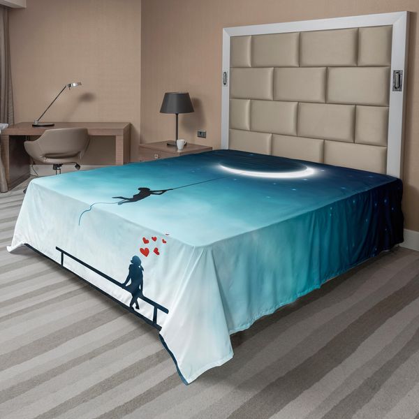 Abakuhaus Lenzuolo Fantasia, Ragazzo Che Raggiunge La Luna Con Una Corda E Ragazza Su Una Panchina, Amore, Romanticismo, Fantasia, Morbido E Confortevole Lenzuolo Superiore Per Un Letto Decorativo, 1 Pezzo, 266 Cm X 260 Cm, Verde Acqua E Bianco-image