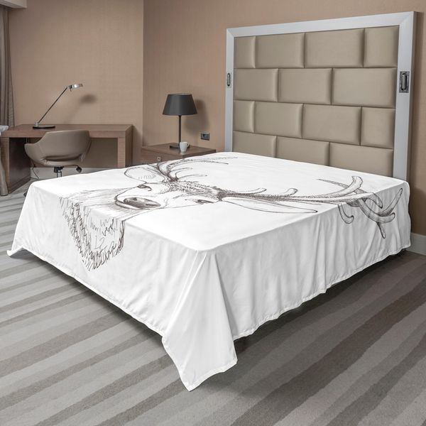 Abakuhaus Lenzuolo Con Corna Di Cervo, Schizzo Della Testa Di Cervo Illustrazioni Arte In Bianco E Nero Arte Animale Selvaggia Monocromatica, Lenzuolo Morbido E Confortevole Per Un Letto Decorativo 1 Pezzo 260 Cm X 228 Cm, Taupe Caldo-image