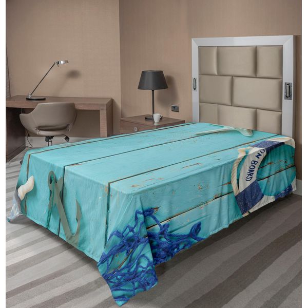 Abakuhaus Lenzuolo Nautico, Tema Marittimo Libertà Mare Stella Marina Ancora Corda Sfondo In Legno Motivo Fotografico, Lenzuolo Morbido E Confortevole Per Un Letto Decorativo 1 Pezzo 260 Cm X 168 Cm, Turchese Blu Navy-image