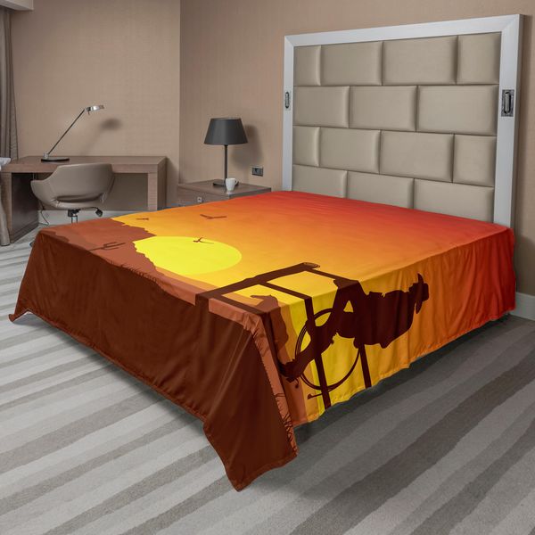 Abakuhaus Lenzuolo Occidentale, Silhouette Del Cowboy Nella Scena Selvaggia Stampa Artistica Americana, Lenzuolo Morbido E Confortevole Per Un Letto Decorativo 1 Pezzo 260 Cm X 228 Cm, Arancione Bruciato-image