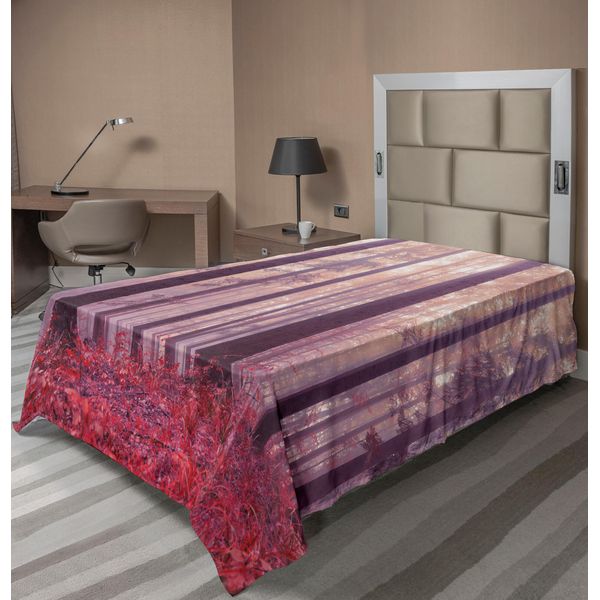 Abakuhaus Lenzuolo Da Letto Bosco, Bosco Colorato, Raggi Di Sole Nebbiosi, Alberi Mistici, Natura Selvaggia Magica, Fantasia, Lenzuolo Superiore Morbido E Confortevole Per Un Letto Decorativo, 1 Pezzo, 260 Cm X 168 Cm, Viola Scuro Corallo-image