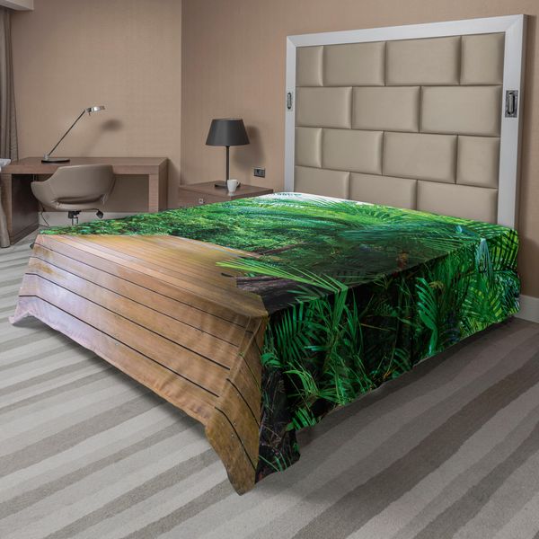 Abakuhaus Lenzuolo Jungle, Ponte Di Legno, Fuga Esotica, Sentiero Nella Natura Selvaggia, Piante Tropicali, Foresta Pluviale, Lenzuolo Morbido E Confortevole Per Un Letto Decorativo, 1 Pezzo, 266 Cm X 260 Cm, Marrone, Verde, Marrone Chiaro-image