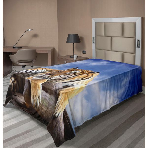 Abakuhaus Lenzuolo Safari, Tigre, Strisce Predator Su Sfondo Chiaro Con Animali Al Mattino, Lenzuolo Morbido E Confortevole Per Un Letto Decorativo 1 Pezzo 190 Cm X 100 Cm, Blu Senape Nero-image