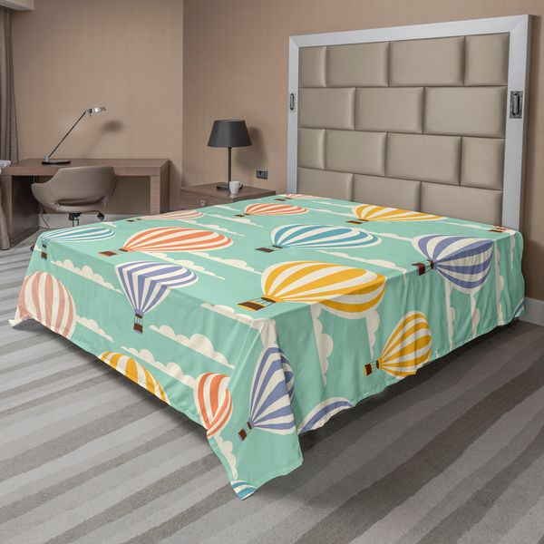 Abakuhaus Lenzuolo Vintage, Colorato Retrò Viaggio Mongolfiera Nuvole Cielo Blu Avventura Arte Moderna, Morbido E Confortevole Lenzuolo Superiore Per Un Letto Decorativo 1 Pezzo 275 Cm X 260 Cm, Blu Arancione Viola-image
