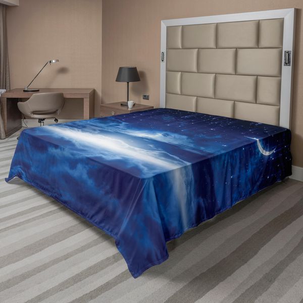 Abakuhaus Lenzuolo Fantasia, Cielo Notturno Con Luna, Stelle Cadenti, Nuvole, Orizzonte, Arte Spaziale Misteriosa, Lenzuolo Morbido E Confortevole Per Un Letto Decorativo, 1 Pezzo, 260 Cm X 228 Cm, Blu Navy E Bianco-image