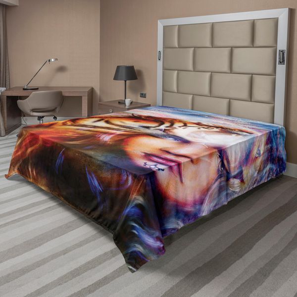 Abakuhaus Lenzuolo Mistico, Potente Tigre E Testa Di Leone Con Volto Femminile Sfondo Decorativo Immagine, Morbido E Confortevole Lenzuolo Superiore Per Un Letto Decorativo 1 Pezzo 244 Cm X 205 Cm, Giallo Marrone Blu-image