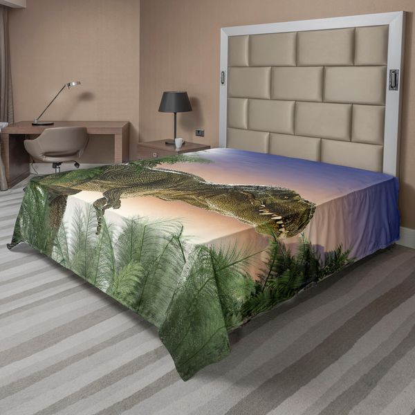 Abakuhaus Lenzuolo Jurassic, Dinosauri Nella Giungla Alberi Foresta Natura Foresta Predatori Spaventosi Violenza, Lenzuolo Morbido E Confortevole Per Un Letto Decorativo 1 Pezzo 275 Cm X 260 Cm, Verde Blu Pesca-image