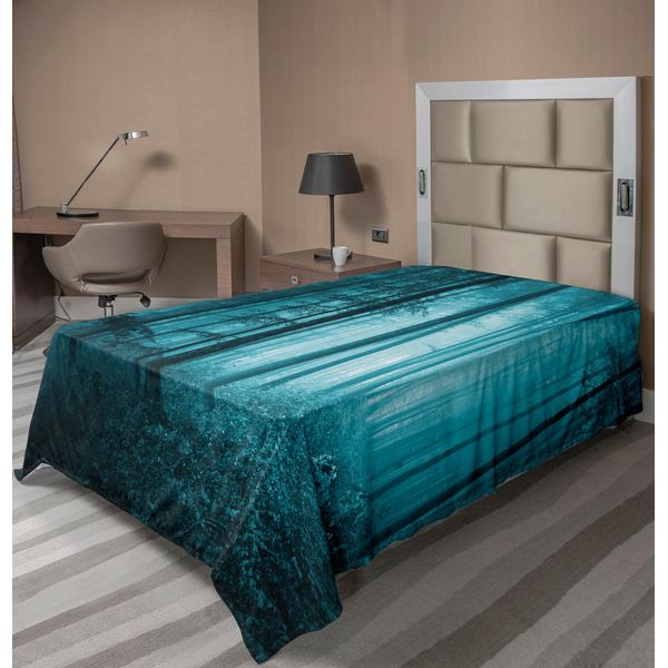 Abakuhaus Lenzuolo Mistico, Magico Paesaggio Boschivo Scuro, Fantastica Stampa Artistica Monocromatica, Lenzuolo Superiore Morbido E Confortevole Per Un Letto Decorativo 1 Pezzo 190 Cm X 100 Cm, Verde Acqua-image