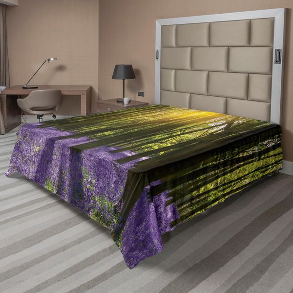Abakuhaus Lenzuolo Da Letto Bosco, Tema Primavera Raggi Di Sole Campanule Nel Bosco Alberi Natura Motivo Fotografico, Lenzuolo Morbido E Confortevole Per Un Letto Decorativo 1 Pezzo 260 Cm X 228 Cm, Viola Verde Giallo-image