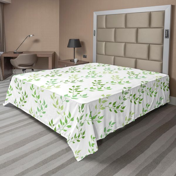 Abakuhaus Lenzuolo, Foglie Di Ulivo Simmetriche E Motivi Etnici Ondulati, Illustrazione Classica, Lenzuolo Morbido E Confortevole Per Un Letto Decorativo, 1 Pezzo, 275 Cm X 260 Cm, Verde-image