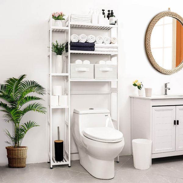 Yorbay Mensola Da Bagno Con 2 Cestini, Mensola Da Bagno Mensola Da Bagno, Mensola Da Bagno In Bambù, Mensola Da Bagno Regolabile A 3 Livelli Con Piedino Impermeabile, Salvaspazio, Facile Da Montare, Bianco-image