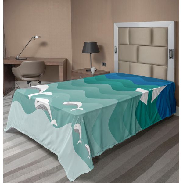 Abakuhaus Lenzuolo Nautico, Tema Marino Barca Di Carta Mare Delfini Felici Animali Marini Sottomarini, Lenzuolo Morbido E Confortevole Per Un Letto Decorativo 1 Pezzo 190 Cm X 100 Cm, Verde Mare Bianco Blu-image