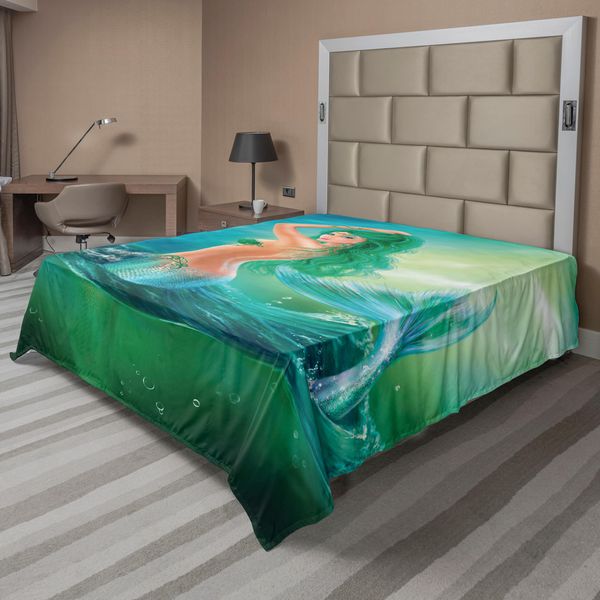 Abakuhaus Lenzuolo Subacqueo, Sirena Oceano Su Onde Coda Creature Marine Cielo Drammatico Stampa, Lenzuolo Morbido E Confortevole Per Un Letto Decorativo 1 Pezzo 260 Cm X 228 Cm, Blu Verde-image