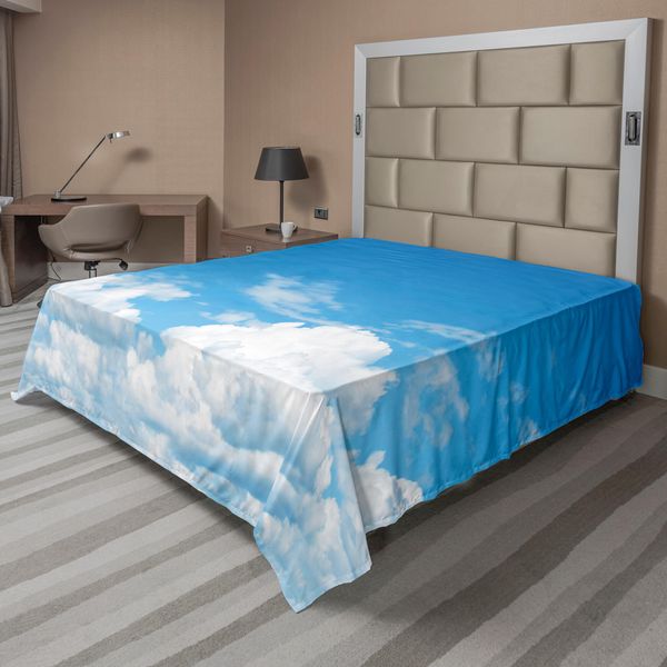 Abakuhaus Lenzuolo Con Stampa Paesaggio, Tempo Ventoso, Vista Rilassante, Immagine Panoramica, Morbido E Confortevole Lenzuolo Superiore Per Un Letto Decorativo, 1 Pezzo, 266 Cm X 260 Cm, Blu E Bianco-image