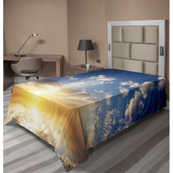 Abakuhaus Lenzuolo Mystiker, Riflesso Del Tramonto Vista Sul Lago Con Raggi Di Sole Vividi All'orizzonte Immagine, Lenzuolo Morbido E Confortevole Per Un Letto Decorativo 1 Pezzo 260 Cm X 168 Cm, Giallo Marrone Blu-image