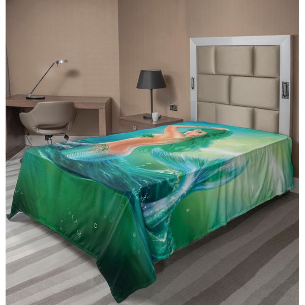 Abakuhaus Lenzuolo Subacqueo, Sirena Oceano Su Onde Coda Creature Marine Cielo Drammatico Stampa, Lenzuolo Morbido E Confortevole Per Un Letto Decorativo 1 Pezzo 260 Cm X 168 Cm, Blu Verde-image