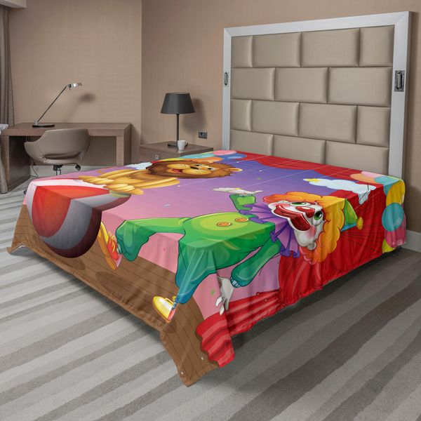 Abakuhaus Lenzuolo Da Letto Circus, Un Leone E Un Clown Sul Palcoscenico Del Circo Theatre Curtain Playing Arti Dello Spettacolo, Lenzuolo Morbido E Confortevole Per Un Letto Decorativo 1 Pezzo 266 Cm X 260 Cm, Multicolore-image
