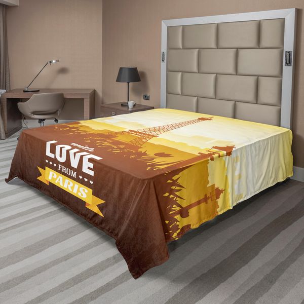 Abakuhaus Paris Lenzuolo, Torre Eiffel Con Tulipano E Silhouette Della Città Nostalgico Romantico Floreale, Morbido E Confortevole Lenzuolo Superiore Per Un Letto Decorativo 1 Pezzo 244 Cm X 205 Cm, Arancione Giallo Marrone-image