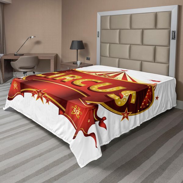 Abakuhaus Lenzuolo Da Letto Circo, Motivo Circense Stile Barocco Grande Divertimento Tema Tendone Da Festa Vita Notturna Retrò, Morbido E Confortevole Lenzuolo Superiore Per Un Letto Decorativo 1 Pezzo 266 Cm X 260 Cm, Giallo Bianco Rosso-image