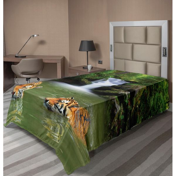 Abakuhaus Lenzuolo Safari, Tigre Siberiana Nell'acqua Cascata Piscina Nuoto Nella Foresta Asiatico Naturale, Morbido E Confortevole Lenzuolo Superiore Per Un Letto Decorativo 1 Pezzo 260 Cm X 168 Cm, Verde Reseda Arancione-image
